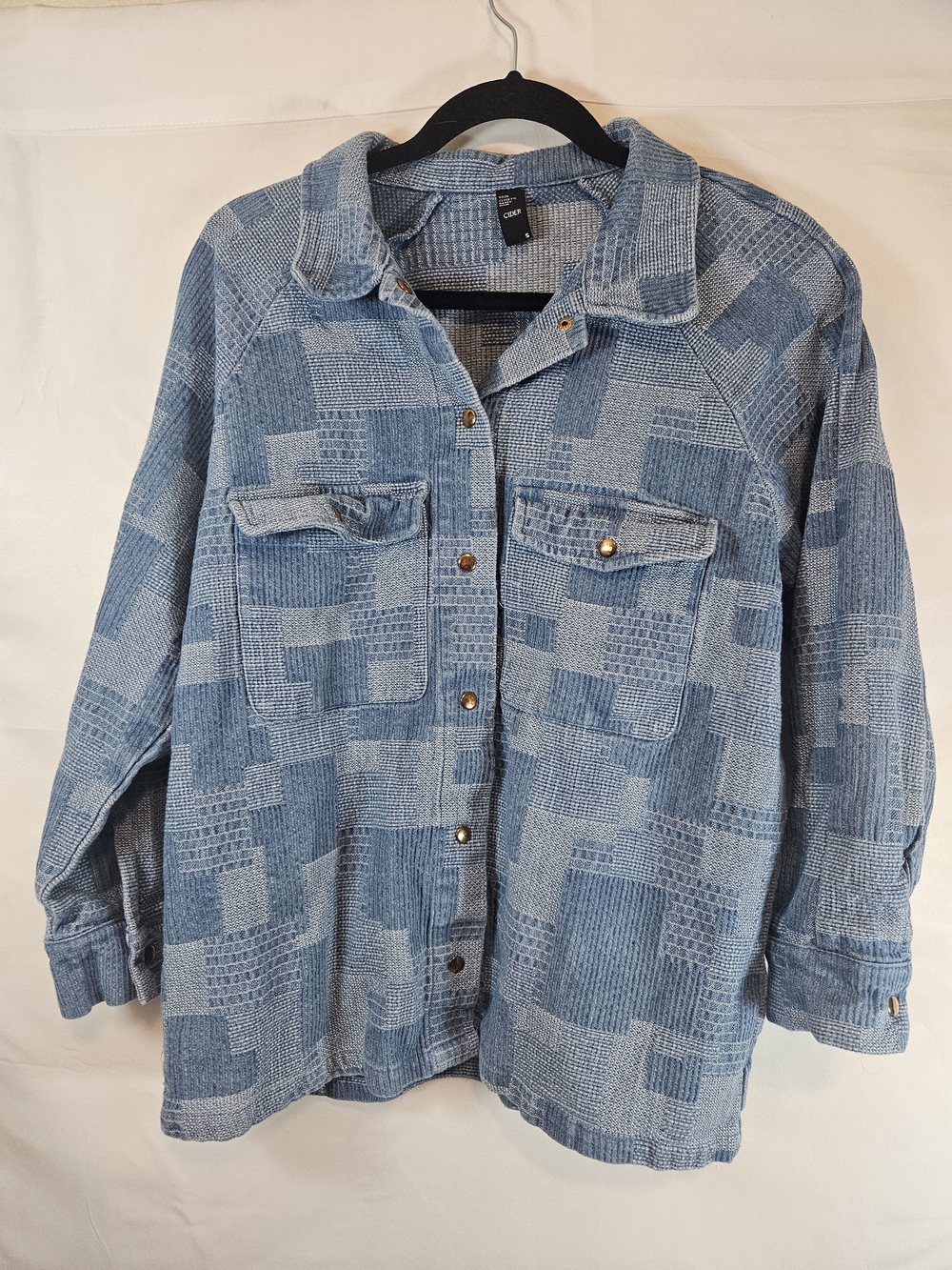 Cider Blue Patchwork Button-Down Shirt Jacket